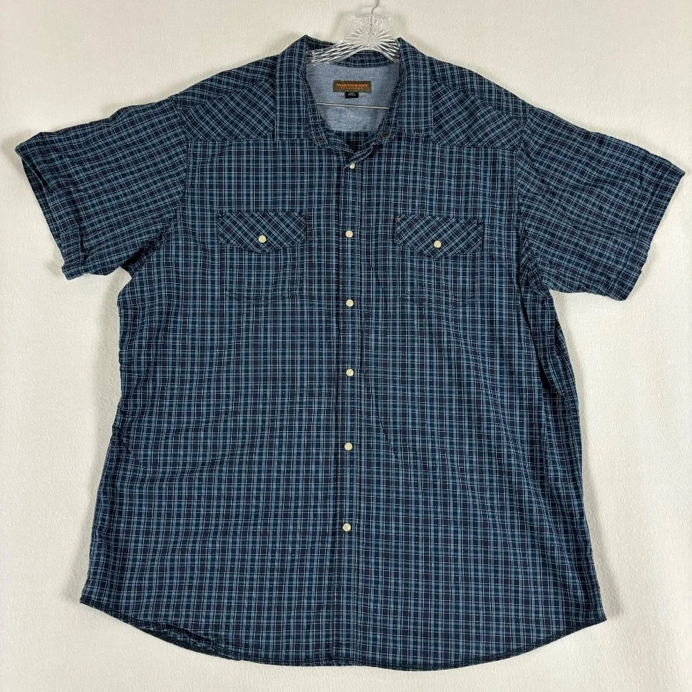 Northwest Territory Shirt Men 2XLT Blue Plaid Pearl Snap Outdoors Casual/Dress